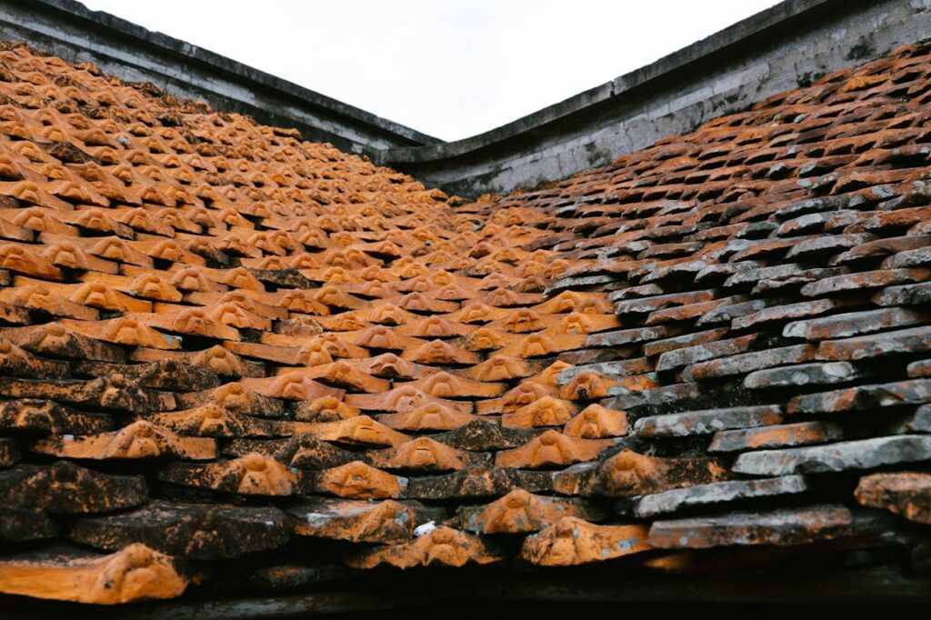 Detail of overlapping traditional orange clay roof tiles showing weathering and texture.